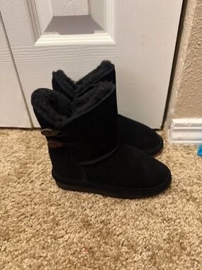 BearPaw Black Kids Shearling-Lined Winter Boots with Button Accent